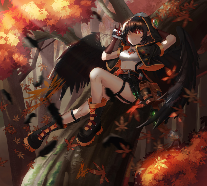 1girl ;) absurdres against_tree alternate_costume arm_behind_head arm_up autumn_leaves bag bangs binoculars bird_wings black_footwear black_gloves black_hair black_jacket black_wings blush boots branch breasts camera chinese_commentary commentary_request dappled_sunlight elbow_gloves evening feathered_wings gloves highres holding holding_camera jacket jewelry knees leaf leaf_print looking_at_viewer medium_breasts midriff navel necklace one_eye_closed pointy_ears pouch red_eyes shameimaru_aya shiny shiny_hair short_hair short_sleeves sidelocks smile solo stomach sunlight tank_top thighs touhou tree user_keva2754 white_tank_top wings