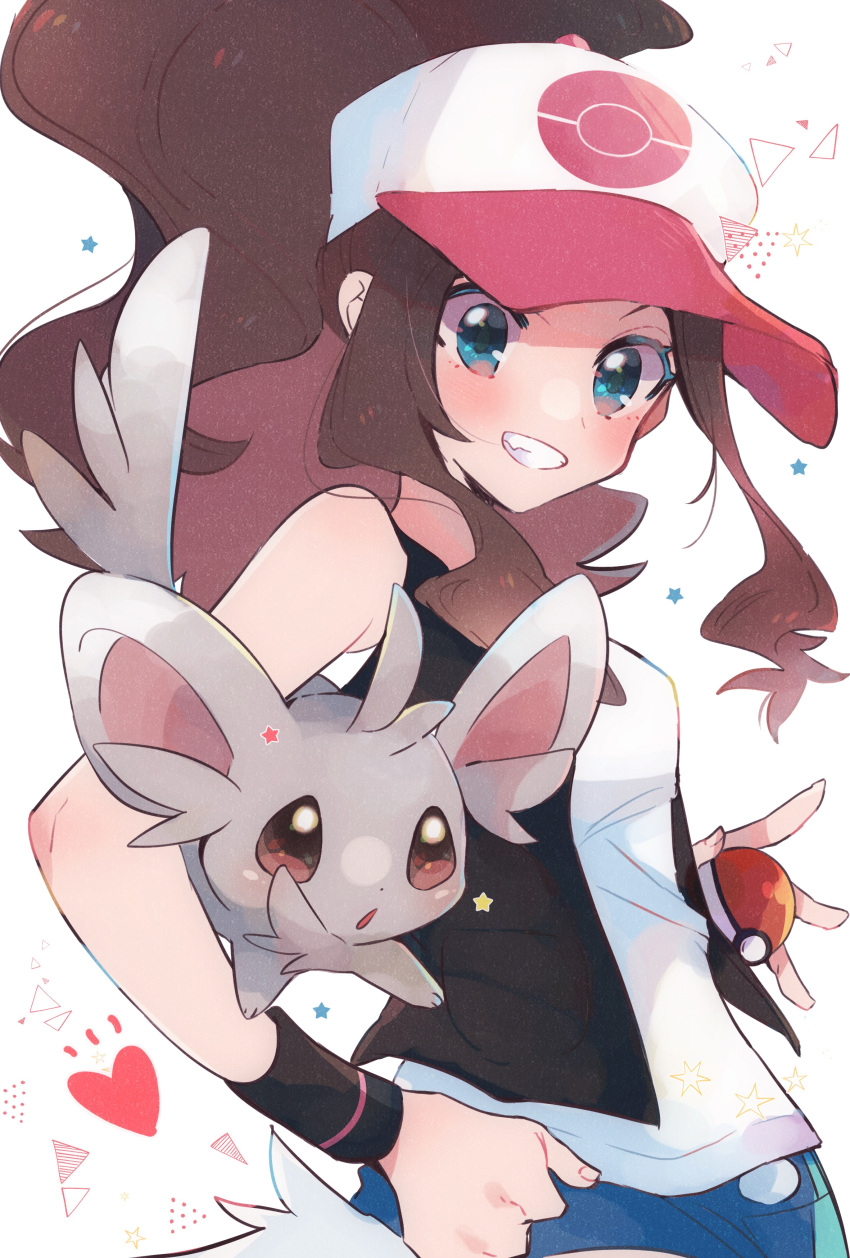 1girl absurdres baseball_cap black_vest black_wristband blue_eyes blush brown_hair commentary denim denim_shorts hat heart highres hilda_(pokemon) holding holding_poke_ball minccino misha_(ohds101) poke_ball poke_ball_(basic) pokemon pokemon_(creature) pokemon_(game) pokemon_bw ponytail shirt shorts sidelocks sleeveless sleeveless_shirt star_(symbol) teeth vest white_shirt wristband