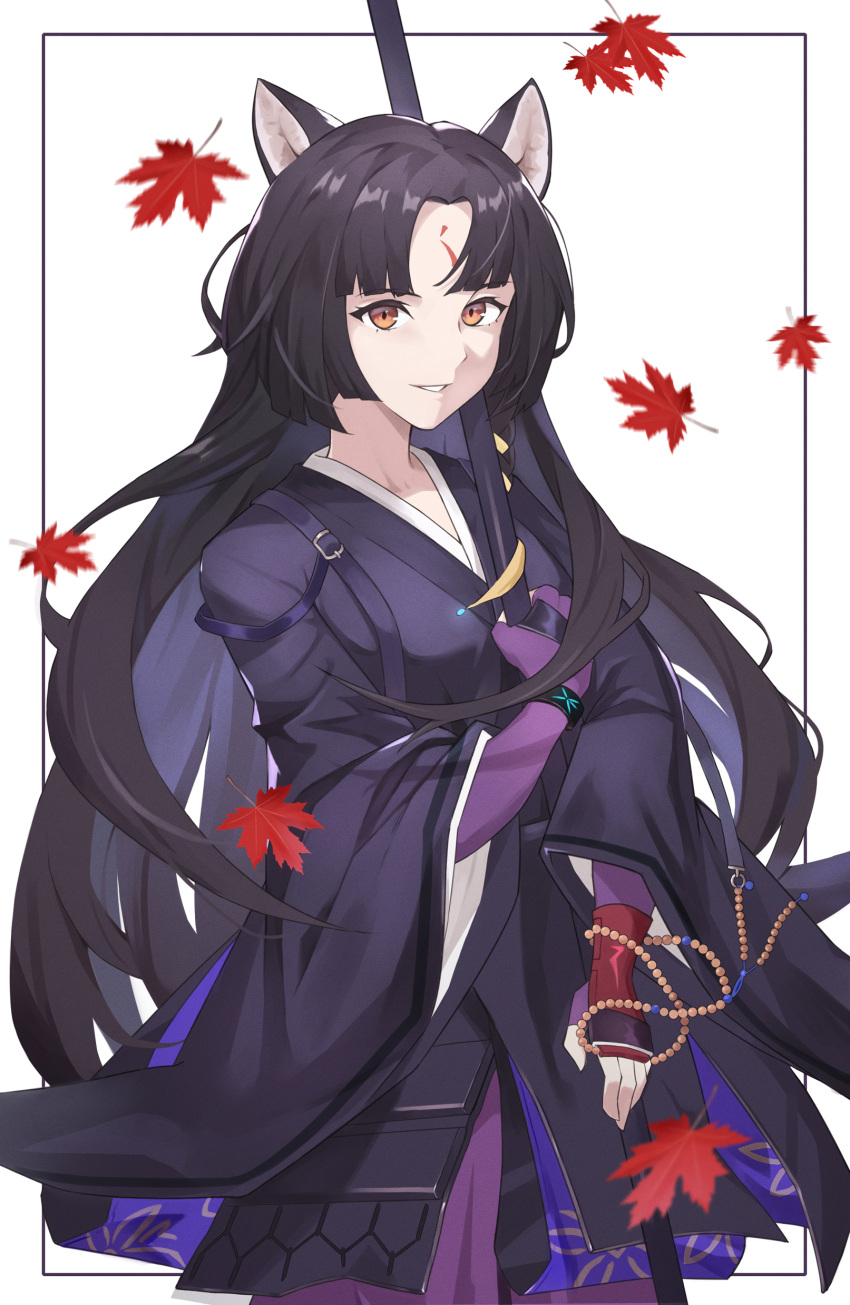 1girl absurdres animal_ears arknights bangs black_hair black_kimono brown_eyes cowboy_shot facial_mark fingerless_gloves forehead_mark gloves grin highres japanese_clothes kimono leaf long_hair looking_at_viewer ni_dgs parted_lips purple_gloves saga_(arknights) smile solo very_long_hair white_background