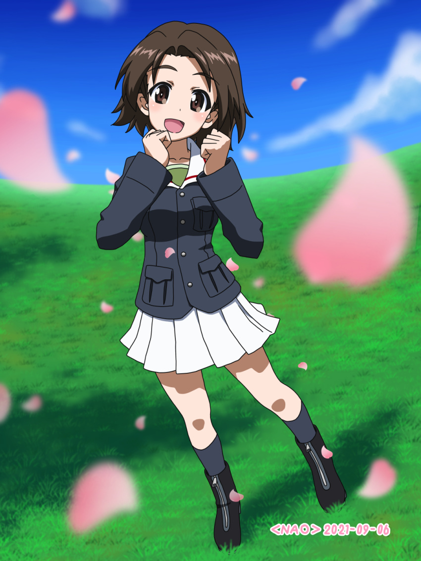 1girl :d artist_name bangs black_footwear black_legwear blue_jacket blue_sky blurry blurry_foreground boots brown_eyes brown_hair clenched_hands clouds cloudy_sky commentary_request dated full_body girls_und_panzer grass green_shirt highres horizon jacket long_sleeves looking_at_viewer military military_uniform miniskirt naotosi one_eye_closed ooarai_military_uniform open_mouth parted_bangs petals pleated_skirt sawa_azusa shadow shirt short_hair skirt sky smile socks solo standing uniform white_skirt wind zipper
