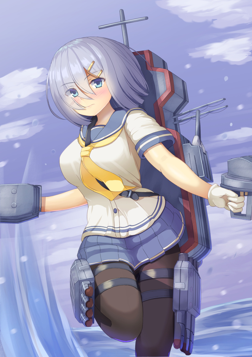 1girl adapted_turret black_legwear blue_eyes blue_sky breasts cannon clouds cloudy_sky cowboy_shot day eyebrows_visible_through_hair eyes_visible_through_hair gloves gun hair_ornament hair_over_one_eye hairclip hamakaze_(kancolle) highres kantai_collection large_breasts looking_at_viewer machinery mast neckerchief ocean outdoors pantyhose pleated_skirt rigging school_uniform serafuku short_hair short_sleeves silver_hair skirt sky smokestack solo standing standing_on_one_leg torpedo torpedo_launcher torpedo_tubes tukimotoreiji turret water weapon white_gloves white_hair yellow_neckerchief