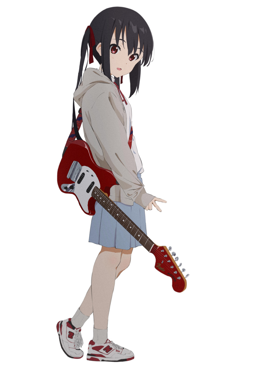 1girl absurdres anime_coloring bangs black_hair blue_skirt brown_eyes collared_shirt commentary_request electric_guitar fender_mustang film_grain from_side full_body grey_hoodie guitar hair_ribbon highres hood hoodie instrument k-on! long_hair long_sleeves looking_at_viewer looking_to_the_side nakano_azusa neck_ribbon open_clothes open_hoodie open_mouth pleated_skirt red_footwear red_ribbon ribbon sakuragaoka_high_school_uniform sakurayama_(59_sakurayama) school_uniform shirt shoes sidelocks simple_background skirt sleeves_past_wrists sneakers socks solo standing twintails two-tone_footwear v white_background white_footwear white_legwear white_shirt