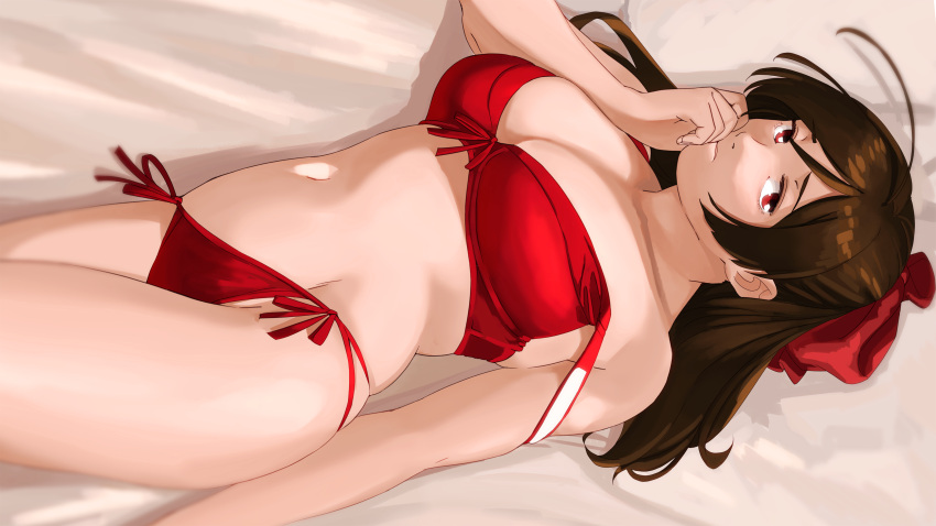 1girl absurdres ahoge bare_arms bare_legs bare_shoulders bow bra breasts brown_hair commentary_request hair_ribbon highres kantai_collection large_breasts long_hair looking_at_viewer lying mamiya_(kancolle) multi-strapped_panties navel ojipon on_back panties ponytail red_bra red_eyes red_panties ribbon solo strap_slip string_panties underwear underwear_only