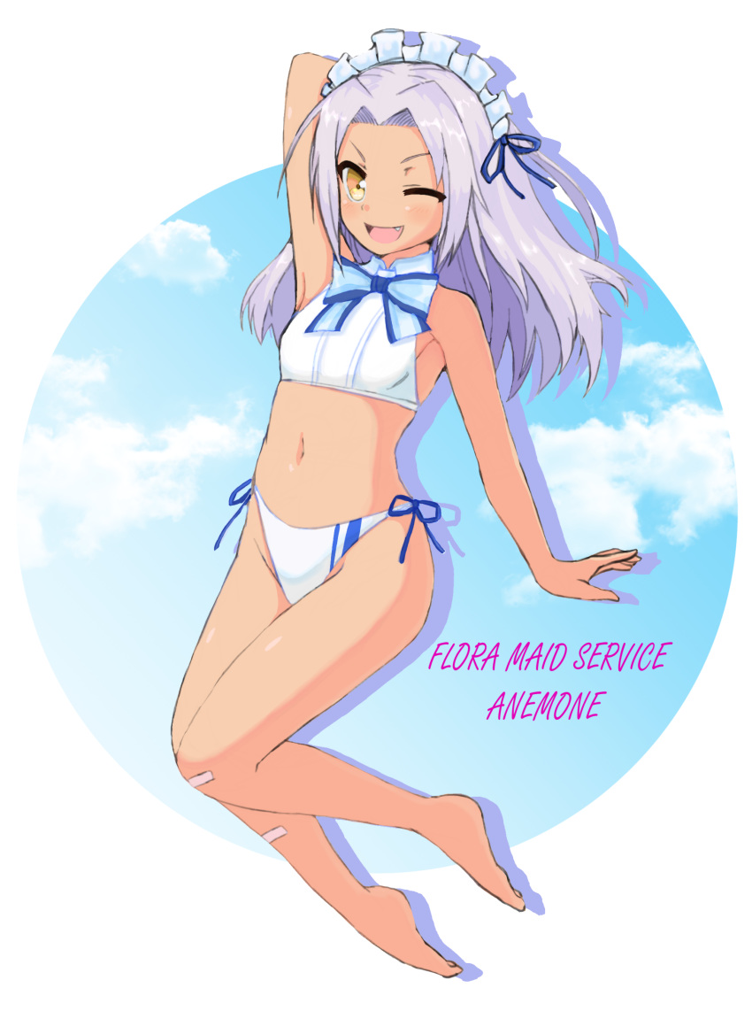 1girl absurdres alternate_costume arezea arm_up armpits bandaid bandaid_on_knee bare_shoulders barefoot clouds counter_side english_text full_body highres long_hair maid_headdress mone_(counter_side) navel one_eye_closed sky solo swimsuit tan yellow_eyes