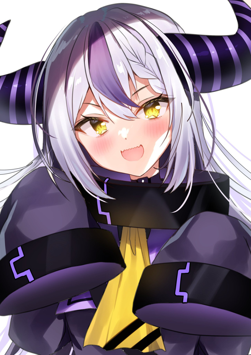 1girl asymmetrical_hair black_hair blush braid coat commentary demon_horns fang french_braid hair_between_eyes head_tilt highres hololive horns la+_darknesss long_hair looking_at_viewer multicolored_hair nenobi_(nenorium) open_mouth pointy_ears purple_coat purple_hair silver_hair simple_background single_braid skin_fang sleeves_past_fingers sleeves_past_wrists smile solo streaked_hair striped_horns upper_body virtual_youtuber white_background yellow_eyes yellow_neckwear