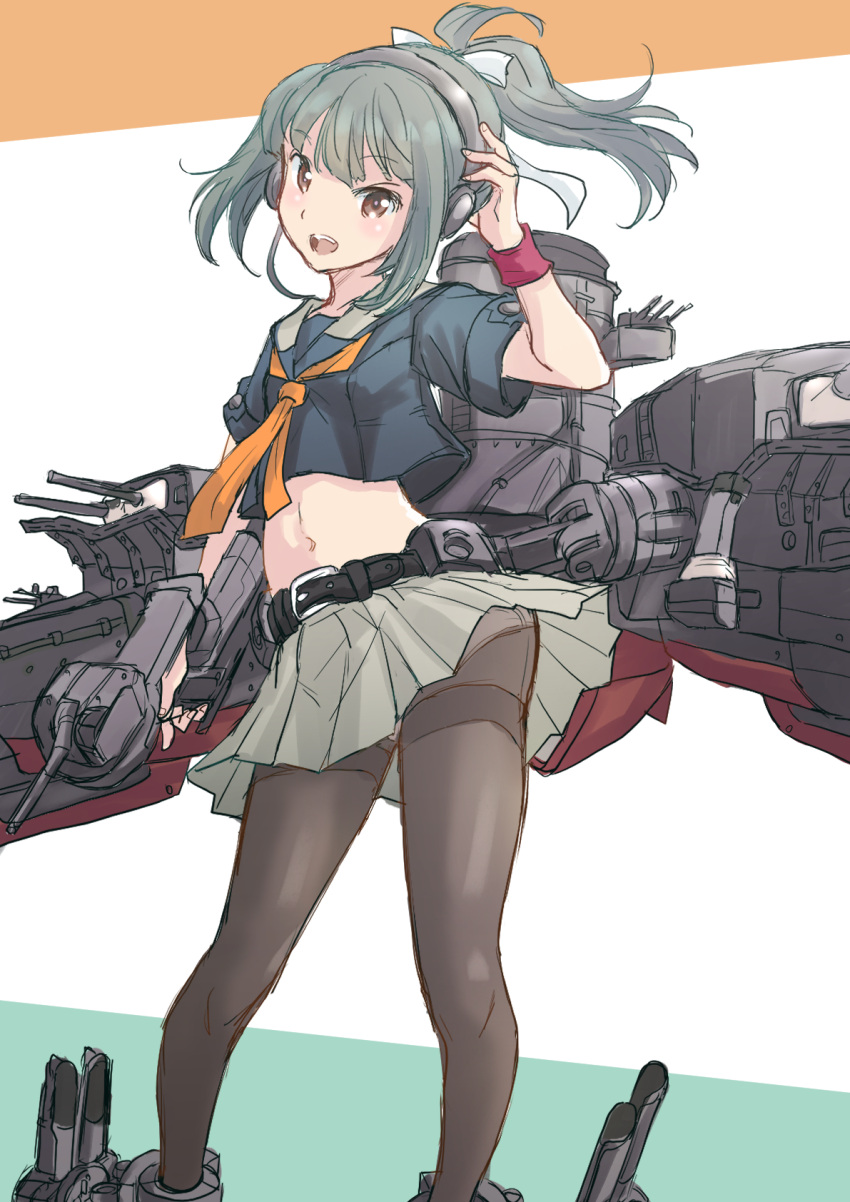 1girl adapted_turret black_shirt bow brown_eyes cannon commentary_request feet_out_of_frame fuji_(pixiv24804665) grey_hair grey_sailor_collar grey_skirt hair_bow headphones highres kantai_collection looking_at_viewer machinery midriff neckerchief open_mouth orange_neckerchief pantyhose partial_commentary pleated_skirt ponytail remodel_(kantai_collection) sailor_collar school_uniform serafuku shirt skirt smile solo standing turret wristband yuubari_(kancolle)