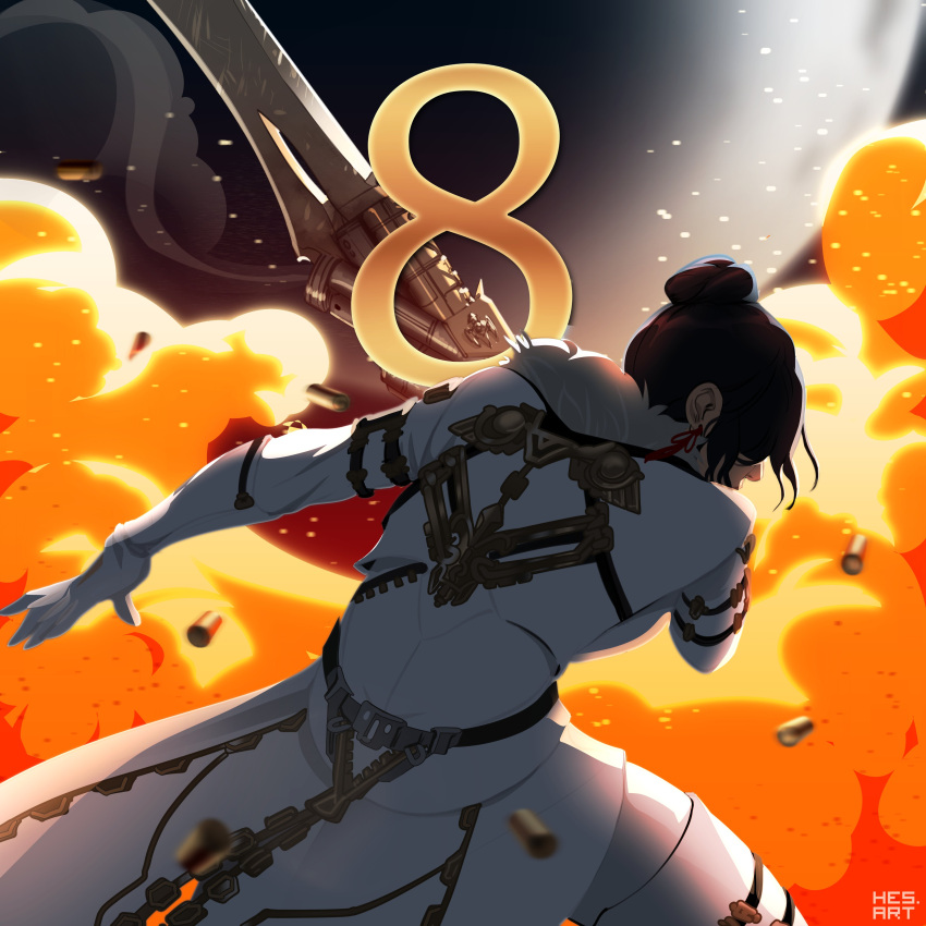 1girl absurdres avatar_(ffxiv) black_hair explosion final_fantasy final_fantasy_xiv gloves gunblade gunbreaker_(final_fantasy) hair_bun hesart highres hyur shell_casing short_hair solo weapon white_gloves