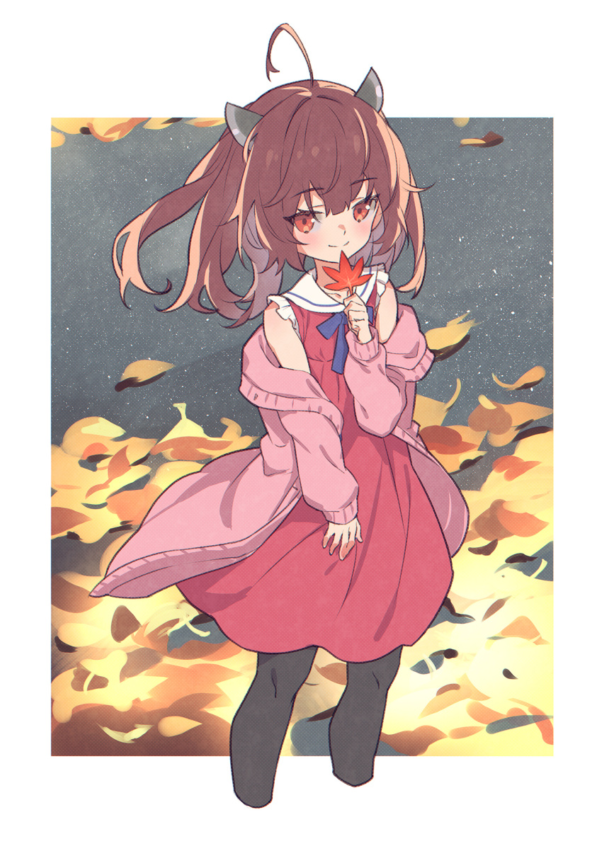 1girl ahoge autumn_leaves black_legwear brown_eyes brown_hair cardigan closed_mouth collarbone commentary_request cropped_legs dress eyebrows_visible_through_hair eyes_visible_through_hair frilled_sleeves frills hand_up headgear highres holding holding_leaf leaf long_sleeves looking_at_viewer maple_leaf medium_hair off_shoulder open_cardigan open_clothes outdoors pink_cardigan pink_dress sailor_collar sailor_dress screentones sleeveless sleeveless_dress smile solo touhoku_kiritan tsurime voiceroid white_sailor_collar wind yamamomo_(plank)