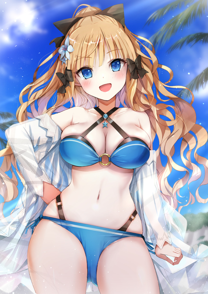 1girl bangs bare_shoulders bikini black_bow blonde_hair blue_bikini blue_eyes blue_sky bow breasts commentary_request criss-cross_halter eyebrows_visible_through_hair flower hair_bow hair_flower hair_ornament hair_up halterneck hand_on_hip highres large_breasts long_hair long_sleeves looking_at_viewer natsushima_memo navel o-ring o-ring_bikini off_shoulder open_mouth outdoors palm_tree ponytail princess_connect! saren_(princess_connect!) side-tie_bikini skindentation sky smile solo star_(symbol) swimsuit tree white_flower