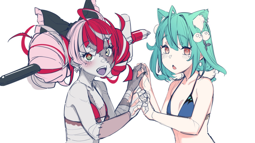2girls ahoge animal_ears bandages bikini blue_bikini bow brown_eyes cat_ears double_bun fangs flat_chest green_eyes green_hair grey_hair hair_bobbles hair_bow hair_ornament heterochromia highres holding_hands hololive hololive_indonesia interlocked_fingers kureiji_ollie mismatched_pupils multicolored_hair multiple_girls open_mouth patchwork_skin raised_eyebrows red_bikini redhead smile stitched_face swimsuit sword_in_head tenbin_gashira unfinished uruha_rushia virtual_youtuber yellow_eyes zombie