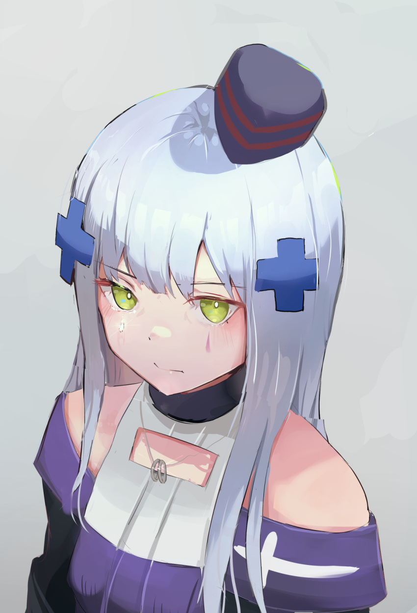 1girl bangs blush closed_mouth eyebrows_visible_through_hair from_above girls_frontline green_eyes hair_ornament hairclip hat highres hk416_(girls'_frontline) jewelry light_blue_hair long_hair looking_at_viewer necklace off_shoulder ring_necklace simple_background solo solokitsune teardrop teardrop_facial_mark teardrop_tattoo upper_body