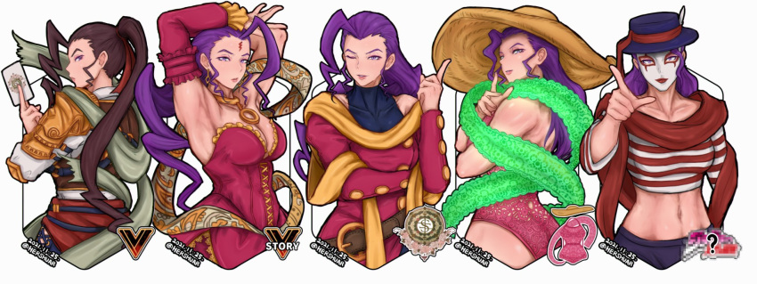antenna_hair armpits arms_up brown_hair card detached_sleeves dress forehead_jewel hat hershuar highres horizontal_stripes index_finger_raised long_hair looking_at_viewer mask navel official_alternate_costume one-piece_swimsuit pose purple_hair rose_(street_fighter) shirt stomach street_fighter street_fighter_v striped striped_shirt swimsuit tarot upper_body