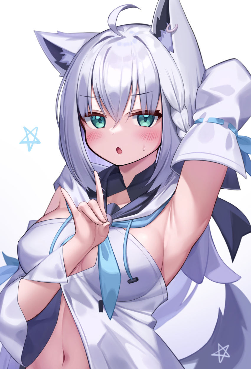 1girl ahoge animal_ear_fluff animal_ears arm_behind_head arm_up armpits bangs blush breasts commentary deaver detached_sleeves ear_piercing eyebrows_visible_through_hair fox_ears fox_girl fox_shadow_puppet fox_tail green_eyes hair_between_eyes hand_up highres hololive large_breasts long_hair long_sleeves looking_at_viewer midriff navel piercing shirakami_fubuki shirt solo sweatdrop tail virtual_youtuber white_background white_shirt