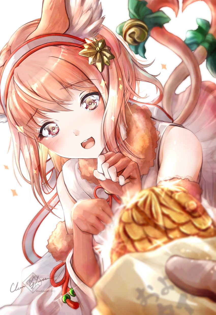 1girl absurdres animal_ears bangs bare_shoulders bell blush cat_ears cat_tail clear_glass_(mildmild1311) eyebrows_visible_through_hair fake_animal_ears fingerless_gloves fire_emblem fire_emblem_fates fire_emblem_heroes fur_trim gloves hairband highres looking_at_viewer open_mouth pink_eyes pink_hair sakura_(fire_emblem) shirt sleeveless sleeveless_shirt tail twitter_username white_background