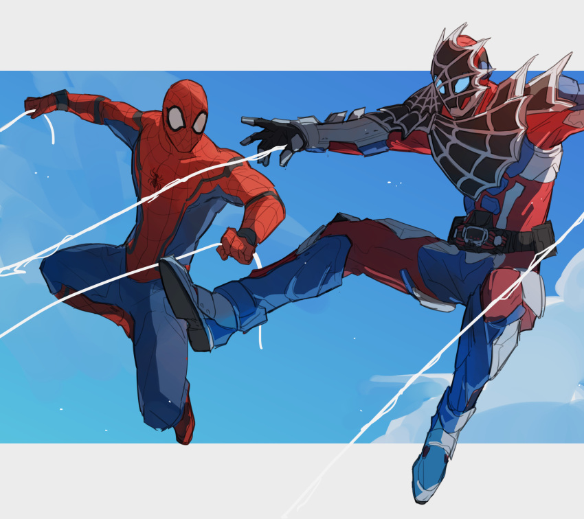 2boys aqua_eyes armor bbbb_fex belt black_armor blue_eyes bodysuit crossover demons_driver driver gloves highres kamen_rider kamen_rider_demons kamen_rider_revice marvel marvel_cinematic_universe mask multiple_boys red_armor silk spider-man spider-man_(series) spider_web spider_web_print spiked_armor superhero tokusatsu trait_connection