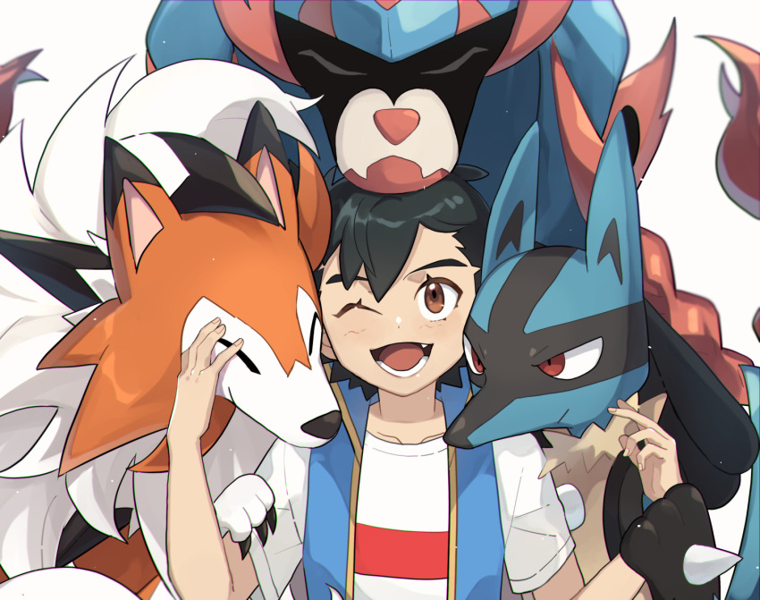 1boy ;d ash_ketchum bangs black_hair blue_jacket brown_eyes collarbone commentary_request eyelashes hands_up highres jacket looking_up lucario lycanroc lycanroc_(dusk) male_focus one_eye_closed open_mouth ou_negi pokemon pokemon_(anime) pokemon_(creature) pokemon_swsh_(anime) shirt short_hair short_sleeves sleeveless sleeveless_jacket smile t-shirt teeth tongue upper_body white_shirt zacian zacian_(hero)