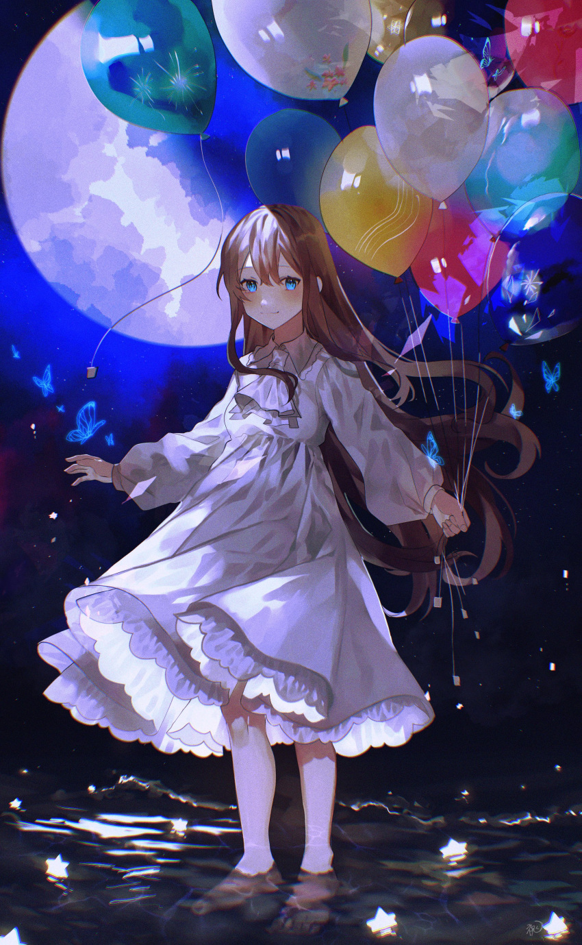 1girl absurdres ascot balloon bangs barefoot blue_eyes blush brown_hair chromatic_aberration closed_mouth collared_dress dress eyebrows_visible_through_hair film_grain fireworks frilled_dress frills full_body full_moon hair_between_eyes highres holding holding_balloon iwai_ku_tsuki long_dress long_hair looking_at_viewer moon night original reflection signature smile solo standing star_(symbol) water white_ascot white_dress