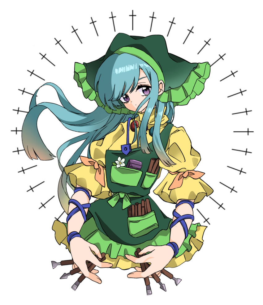 1girl apron arm_ribbon bangs belt between_fingers blue_hair bow brush closed_mouth dress flower gaogaowaan gradient gradient_hair green_apron green_belt green_bow green_headwear green_scarf haniyasushin_keiki head_scarf highres jewelry leaf long_hair looking_to_the_side magatama magatama_necklace multicolored_hair necklace orange_ribbon pocket puffy_short_sleeves puffy_sleeves purple_ribbon ribbon scarf short_sleeves simple_background solo touhou upper_body violet_eyes white_background white_flower wide_sleeves yellow_dress