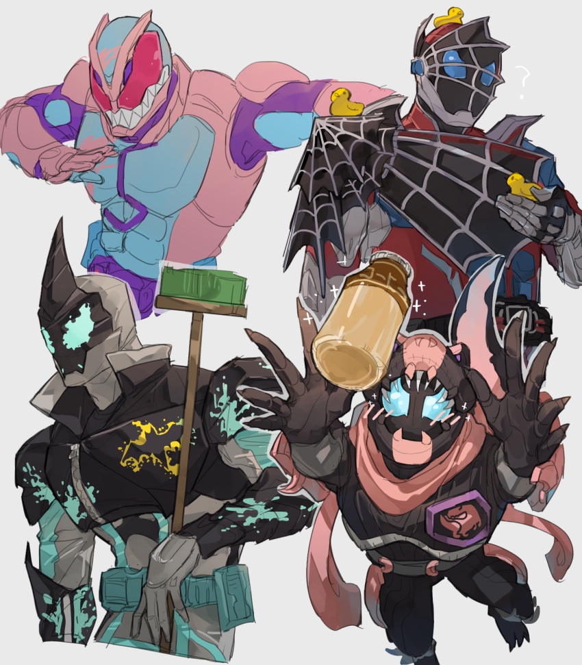 4boys animal_hood aqua_eyes armor asymmetrical_armor bbbb_fex bird black_armor blue_armor blue_eyes broom demon_boy dinosaur duck food glass glass_bottle highres hood horns kamen_rider kamen_rider_demons kamen_rider_evil kamen_rider_revi kamen_rider_revice kamen_rider_vice male_focus multiple_boys pink_armor pose pudding red_eyes rubber_duck scarf sharp_teeth silk single_horn spider_web splatter splatter_print tail teeth tyrannosaurus_rex web_print