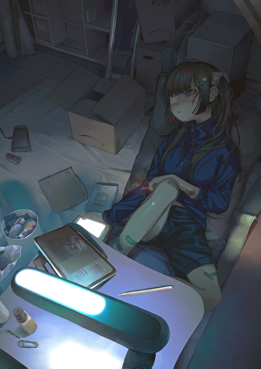 1girl absurdres bandaid bangs black_hair blue_eyes blue_jacket blunt_bangs bobby_pin bookshelf box cardboard_box cigarette desk_lamp dim_lighting drawing_tablet ear_piercing eyepatch hair_ornament hair_ribbon hairclip hand_on_own_knee highres holding holding_phone jacket joy-con lamp long_hair long_sleeves looking_to_the_side mole mole_under_eye nintendo_switch original paperclip parted_lips phone piercing ribbon shorts sidelocks sitting solo stylus trash_can twintails x_x02