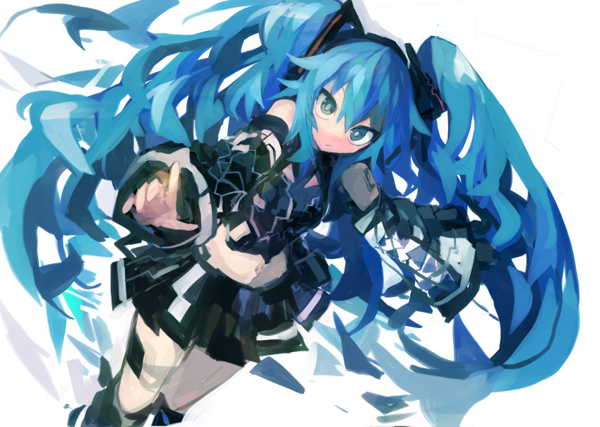 1girl aqua_eyes aqua_hair bangs black_legwear black_skirt black_sleeves detached_sleeves dutch_angle expressionless feet_out_of_frame hair_between_eyes hair_ornament hatsune_miku highres kaamin_(mariarose753) leg_warmers long_hair looking_at_viewer midriff navel outstretched_arm pleated_skirt pointing skirt solo standing tattoo twintails very_long_hair vocaloid white_background