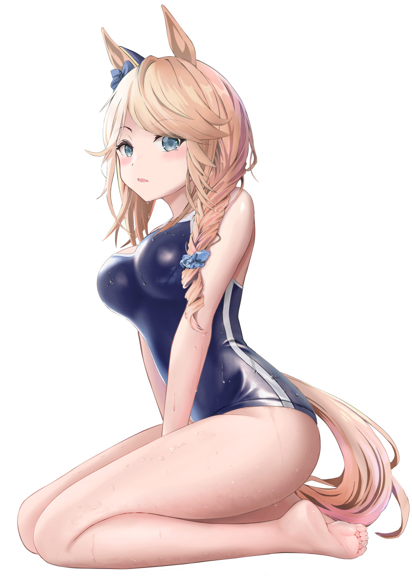 1girl absurdres animal_ears bangs bare_legs barefoot between_legs blonde_hair blue_bow blue_eyes blue_swimsuit blush bow breasts commentary_request ear_bow eyebrows_visible_through_hair feet from_side full_body gibun_(sozoshu) gold_city_(umamusume) hair_ornament hair_scrunchie hand_between_legs highres horse_ears horse_girl horse_tail large_breasts long_hair looking_at_viewer one-piece_swimsuit parted_bangs parted_lips scrunchie solo swimsuit tail transparent_background umamusume v_arms wet wet_clothes wet_swimsuit