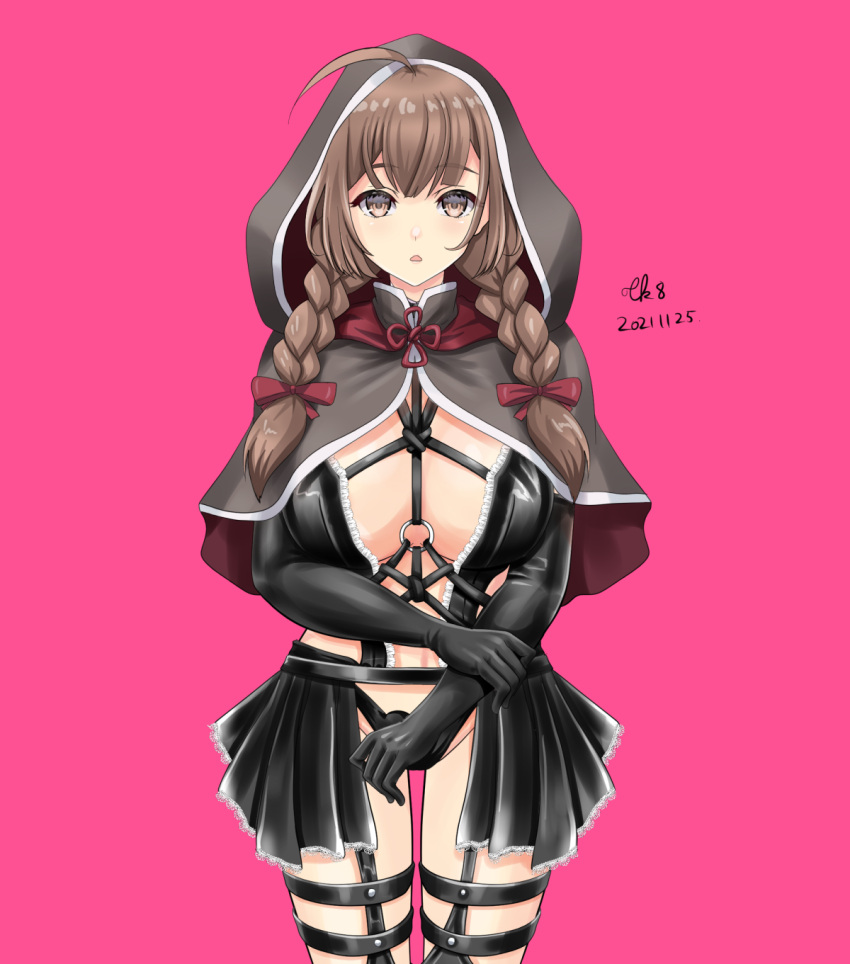 1girl adapted_costume ahoge artist_name black_capelet black_gloves braid breasts brown_eyes brown_hair capelet cowboy_shot dated elbow_gloves eyebrows_visible_through_hair gloves groin hair_ribbon halloween_costume highres hood hooded_capelet kantai_collection large_breasts long_hair o-ring open_mouth pink_background red_ribbon ribbon shinshuu_maru_(kancolle) signature simple_background solo tk8d32 twin_braids