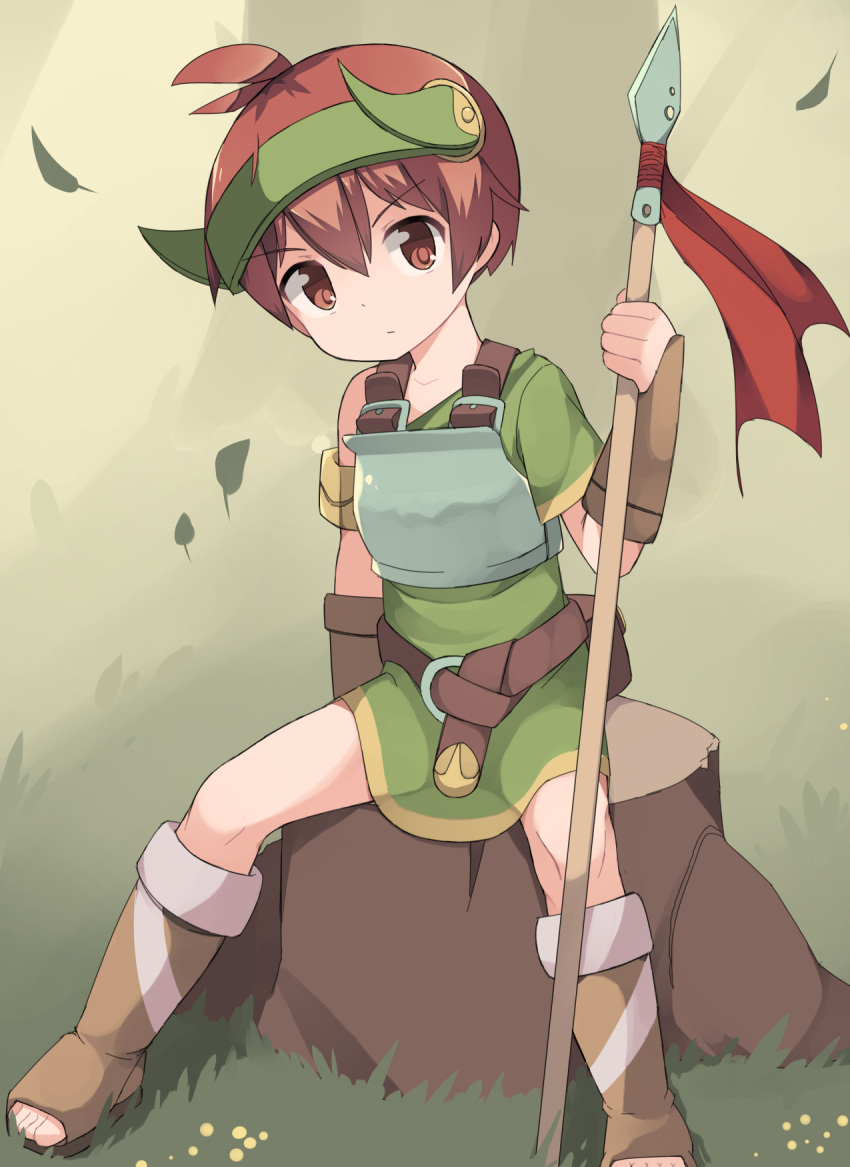 1boy arakokra armor bare_legs boots breastplate closed_mouth english_commentary fantasy flag highres holding holding_weapon male_focus original polearm red_eyes redhead sitting solo spear tree tree_stump weapon