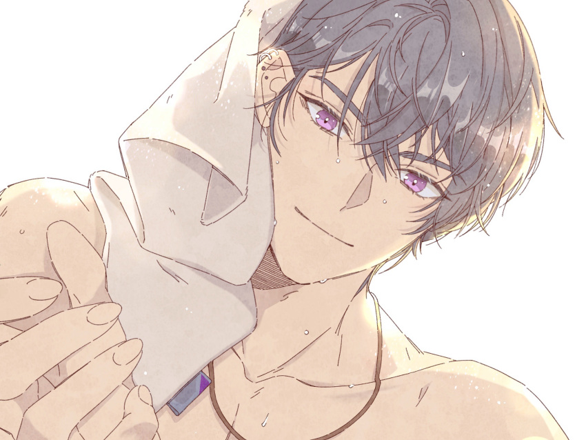 1boy bangs closed_mouth earrings highres jewelry jiukuzi18797 looking_at_viewer marius_von_hagen_(tears_of_themis) necklace purple_hair short_hair simple_background smile solo sweat tears_of_themis towel violet_eyes white_background