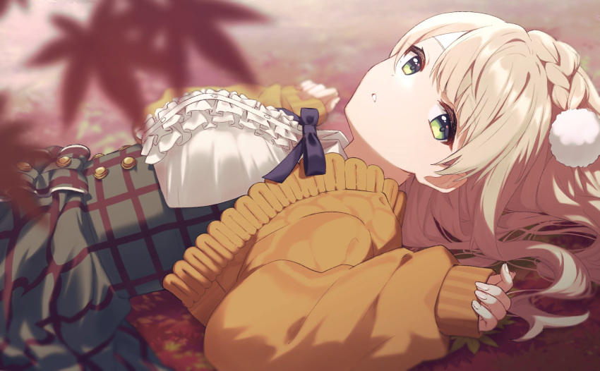 1girl blonde_hair breasts eyebrows_visible_through_hair green_eyes hair_ornament highres indie_virtual_youtuber long_hair long_sleeves looking_at_viewer mochi_mi8042 open_mouth pom_pom_(clothes) pom_pom_hair_ornament shigure_ui_(vtuber) solo