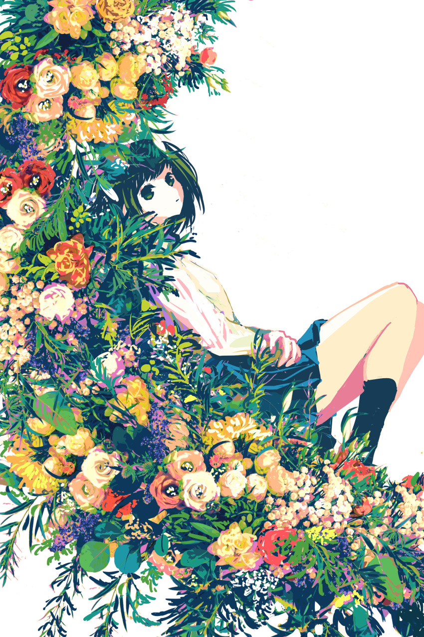 1girl absurdres black_legwear blue_skirt colorful expressionless flower from_side green_eyes green_hair highres kneehighs leaf long_sleeves looking_at_viewer meola original plant rose shirt short_hair simple_background skirt solo tagme uniform white_background white_shirt