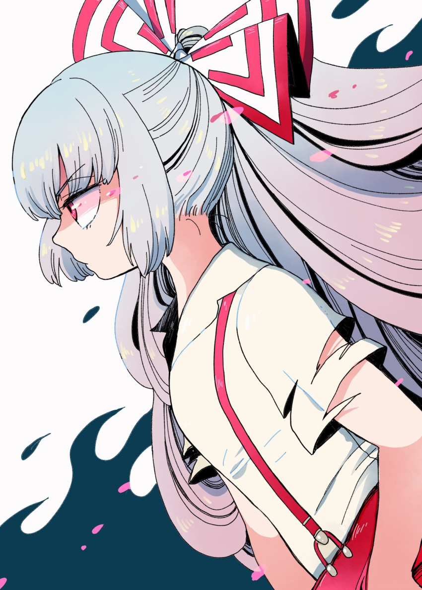 1girl bangs bow commentary_request dutch_angle embers from_side fujiwara_no_mokou grey_hair hair_bow highres long_hair mashuu_masaki pants ponytail red_bow red_eyes red_pants shirt short_sleeves solo suspenders torn_clothes torn_sleeves touhou white_bow white_shirt