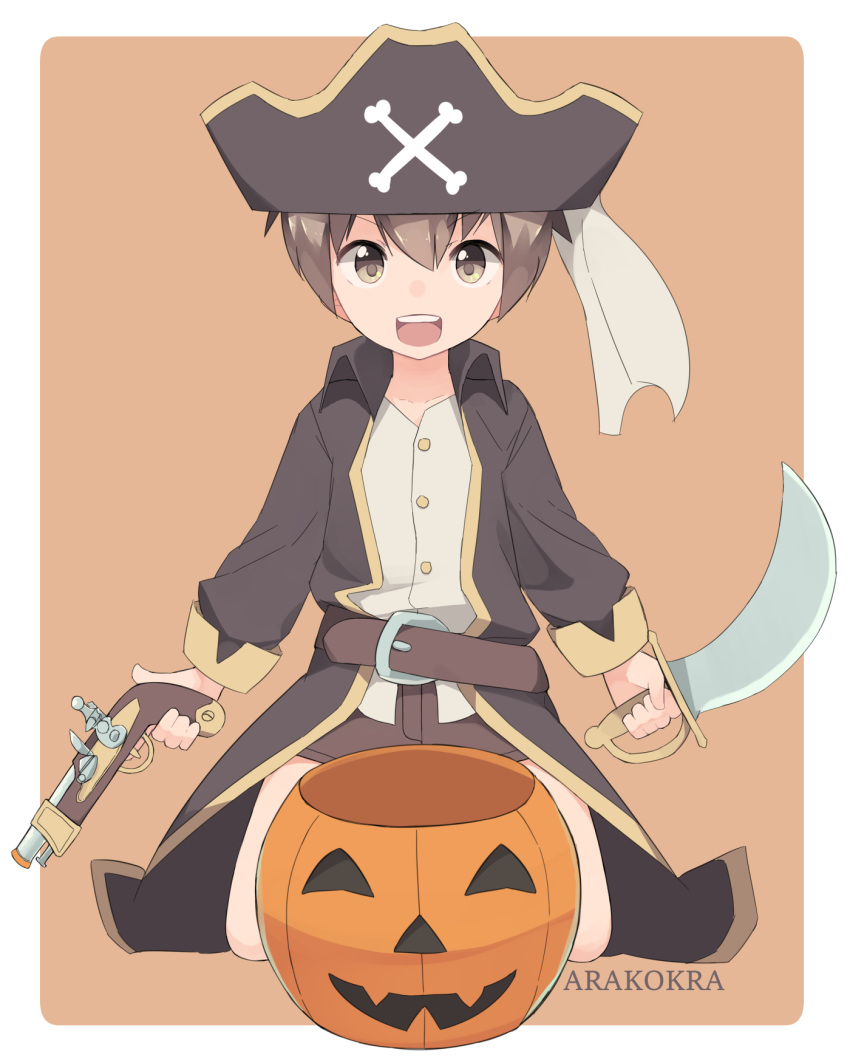 1boy arakokra bare_legs belt brown_eyes child english_commentary fantasy gun hat highres holding holding_weapon jack-o'-lantern kneeling looking_at_viewer male_focus open_mouth original pirate_hat simple_background solo sword teeth weapon