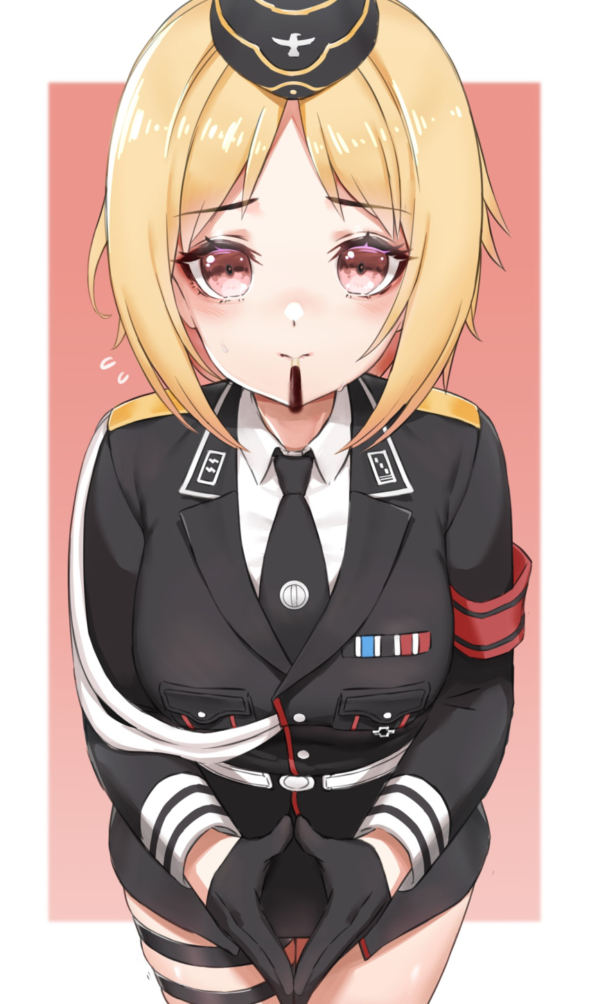 absurdres armband black_gloves black_headwear black_jacket black_necktie blonde_hair breast_pocket brown_eyes collared_shirt eyebrows_visible_through_hair food food_in_mouth garrison_cap girls_frontline gloves hat highres jacket long_sleeves looking_at_viewer military military_jacket military_uniform mouth_hold mp40_(girls'_frontline) necktie pocket pocky shirt short_hair thigh_strap toryu_fufu uniform wehrmacht white_shirt