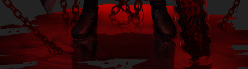 1other black_footwear black_survival blood bloody_handprints chain chainsaw chainsaw_man cropped dgk dripping feet foot_focus highres original pool_of_blood puddle reflection solo