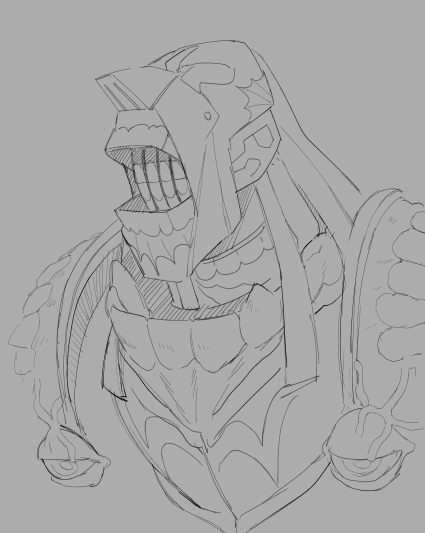 1other absurdres armor beamerbruh clenched_teeth closed_mouth grey_background greyscale half-closed_eyes hatching_(texture) highres knight long_hair mask monochrome monster no_pupils open_mouth original pauldrons shoulder_armor simple_background sketch solo teeth upper_body veins