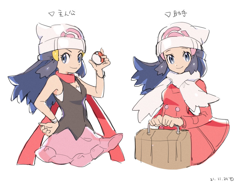 1girl beanie black_hair bracelet brown_bag closed_mouth coat commentary_request dated eyelashes grey_eyes hair_ornament hairclip hand_on_hip hand_up hat highres hikari_(pokemon) holding holding_poke_ball jewelry long_hair long_sleeves multiple_views petoke pink_skirt poke_ball poke_ball_(basic) pokemon pokemon_(game) pokemon_dppt pokemon_platinum red_coat red_scarf scarf shirt simple_background skirt sleeveless sleeveless_shirt smile white_background white_headwear white_scarf