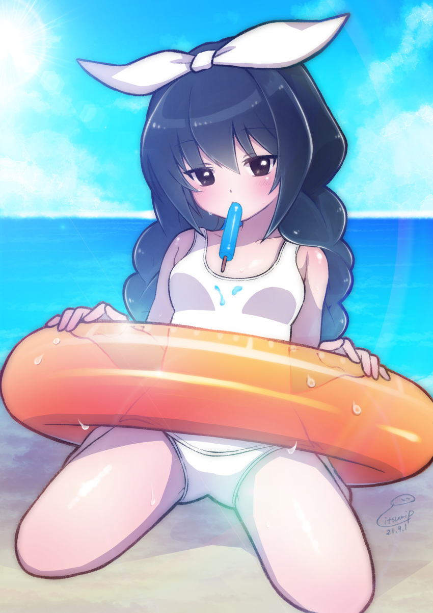 1girl absurdres alternate_hairstyle artist_name bangs beach black_hair blue_sky braid brown_eyes clouds cloudy_sky commentary crotch_seam dated day food food_in_mouth full_body girls_und_panzer hair_ribbon highres horizon innertube itsumip long_hair looking_at_viewer low_twintails ocean one-piece_swimsuit outdoors popsicle reizei_mako ribbon signature sitting sky solo sun swimsuit twin_braids twintails wariza wet white_ribbon white_swimsuit