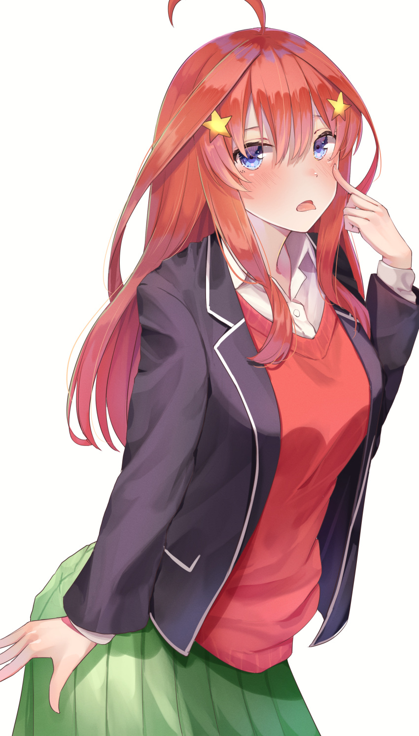 1girl absurdres ahoge bangs black_jacket blazer blue_eyes blush breasts cardigan collared_shirt commentary_request go-toubun_no_hanayome green_skirt hair_between_eyes hair_ornament highres jacket long_hair long_sleeves looking_at_viewer nakano_itsuki open_clothes open_jacket open_mouth pleated_skirt red_cardigan redhead school_uniform shirt sidelocks simple_background skirt solo star_(symbol) star_hair_ornament tongue tongue_out white_background white_shirt yuunamida_uyu