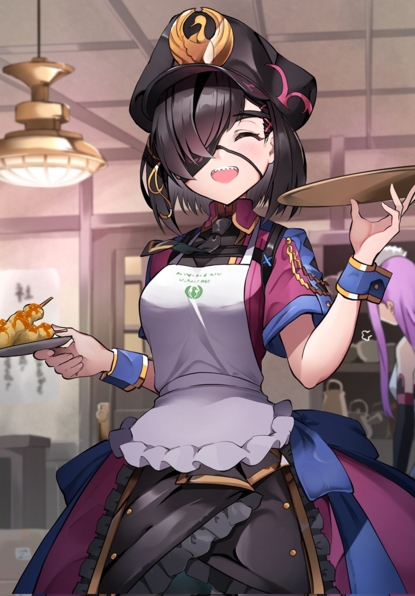 1girl 1other alternate_costume apron bare_shoulders black_hair black_headwear black_necktie black_sleeves closed_eyes commentary_request detached_sleeves door dress eyepatch fate/grand_order fate_(series) food hair_over_one_eye hat highres holding holding_plate holding_tray indoors long_hair maid_headdress medusa_(fate) medusa_(rider)_(fate) military_hat mysterious_ranmaru_x_(fate) necktie one_eye_covered open_mouth peaked_cap pink_hair plate purple_dress sezoku sharp_teeth short_hair short_sleeves smile teeth tongue tray white_apron wrist_cuffs