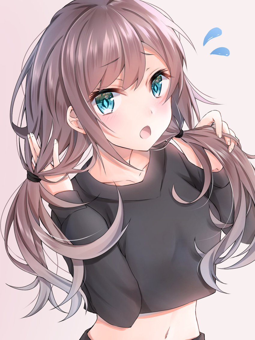 1girl bangs black_shirt blue_eyes blush brown_background brown_hair clip_studio_paint_(medium) collarbone commentary crop_top eyebrows_visible_through_hair flying_sweatdrops gradient gradient_background hands_in_hair hands_up highres long_hair looking_at_viewer low_twintails midriff navel open_mouth original ringouulu shirt solo symbol-only_commentary twintails very_long_hair
