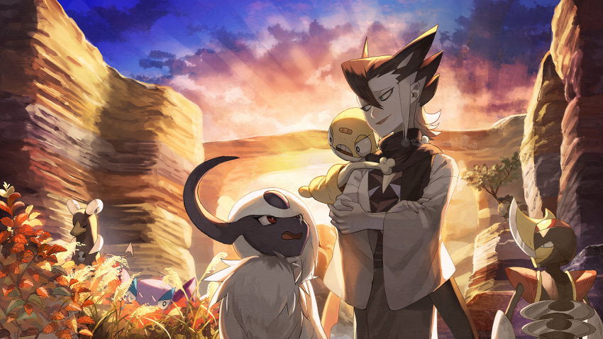 1boy absol bird bisharp clouds commentary_request drapion grey_hair grimsley_(pokemon) holding holding_pokemon honchkrow houndoom japanese_clothes kimono looking_down male_focus multicolored_hair outdoors pokemon pokemon_(creature) pokemon_(game) pokemon_sm scraggy short_hair sideburns sky smile spiky_hair wide_sleeves yamanashi_taiki