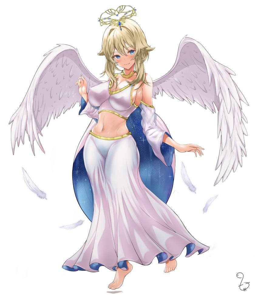 1girl absurdres angel angel_wings barefoot blonde_hair blue_eyes blush breasts circlet crop_top detached_sleeves dress feathers gold halo highres jewelry large_breasts long_skirt midriff navel necklace original simple_background skirt t3x white_background white_skirt wings