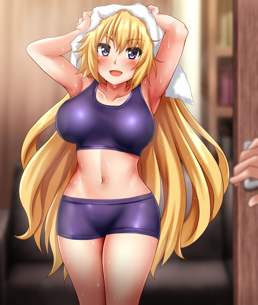 1girl absurdres blonde_hair blue_eyes blue_shorts blurry bra breasts collarbone cowboy_shot depth_of_field fate/apocrypha fate/grand_order fate/zero fate_(series) frilled_bra frilled_panties frills highres jeanne_d'arc_(fate) jeanne_d'arc_(fate/apocrypha) large_breasts long_hair looking_at_viewer navel panties short_shorts shorts solo sports_bra towel towel_on_head underwear zanntetu