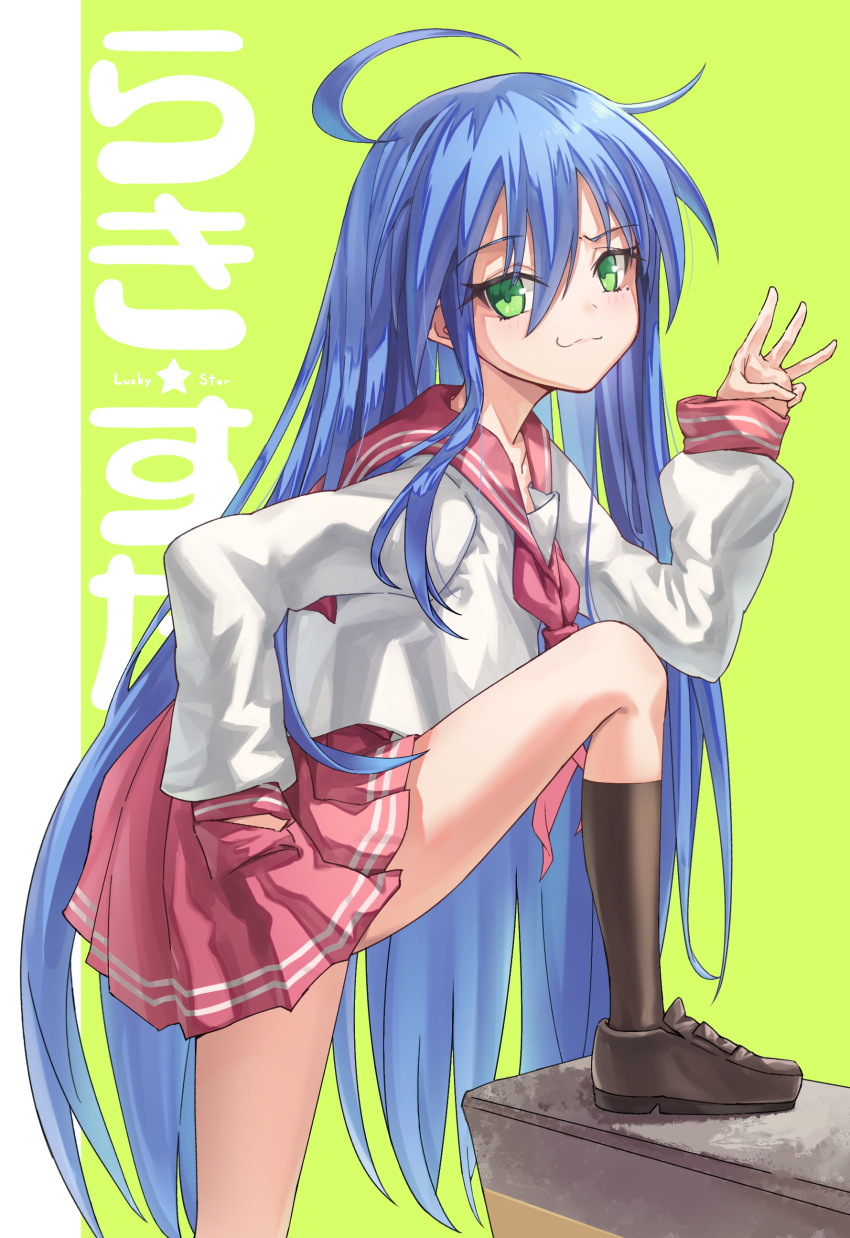 1girl :3 absurdres ahoge blue_hair brown_footwear brown_legwear commentary copyright_name eyebrows_visible_through_hair foot_out_of_frame foot_up from_side green_background green_eyes hair_between_eyes hand_in_pocket hand_up highres ildy izumi_konata kneehighs loafers long_hair long_sleeves looking_at_viewer looking_to_the_side lucky_star middle_w miniskirt mole mole_under_eye neckerchief pleated_skirt red_neckerchief red_sailor_collar red_skirt ryouou_school_uniform sailor_collar school_uniform serafuku shoes simple_background skirt sleeves_past_wrists smile solo standing very_long_hair w