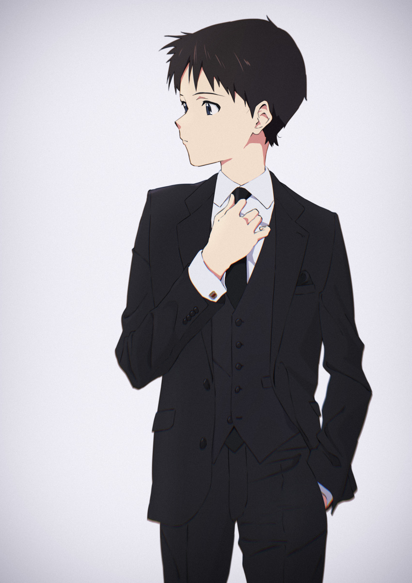absurdres adjusting_clothes adjusting_necktie adjusting_neckwear anime_coloring black_jacket black_necktie black_neckwear black_pants black_vest blue_eyes brown_hair buttons closed_mouth collared_shirt commentary cuff_links dress_shirt film_grain formal hand_in_pocket hand_up highres ikari_shinji jacket looking_to_the_side necktie neon_genesis_evangelion open_clothes open_jacket pants pocket_square sakurayama_(59_sakurayama) shirt short_hair simple_background standing suit suit_jacket three-piece_suit vest waistcoat white_background white_shirt