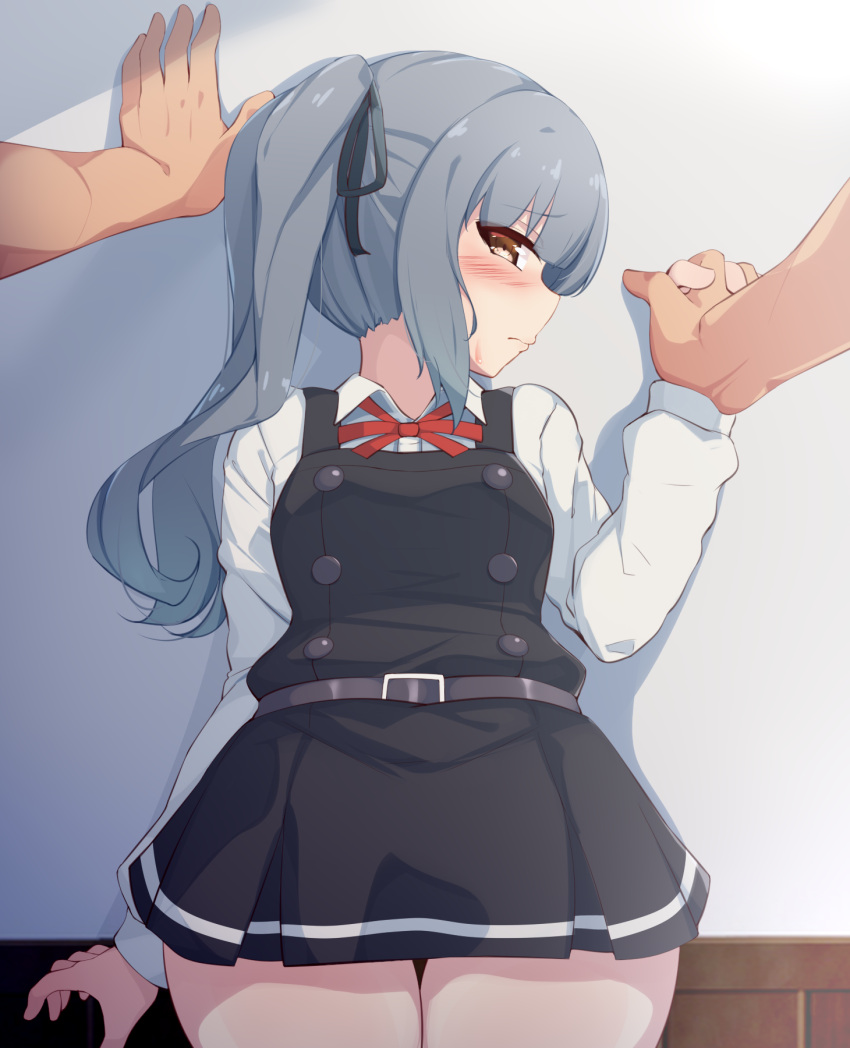 1girl belt black_ribbon brown_eyes commentary_request curvy dress grey_hair highres kabedon kantai_collection kasumi_(kancolle) kurokoshou_(emuburemu123) long_hair long_sleeves looking_at_viewer male_hand nose pinafore_dress pov pov_hands profile red_ribbon remodel_(kantai_collection) ribbon shirt side_ponytail solo thighs white_shirt