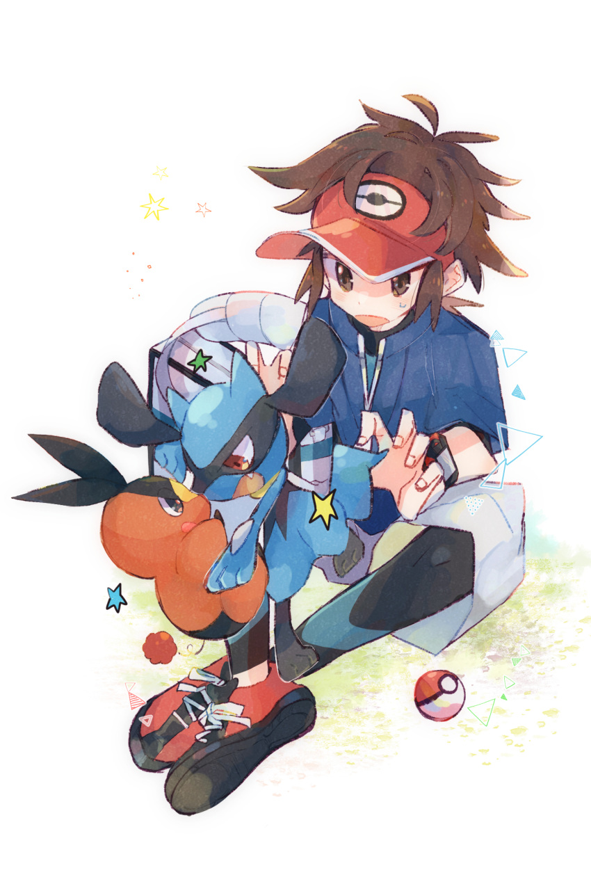 1boy bag_removed blue_jacket bodysuit brown_hair capri_pants commentary grey_pants highres jacket male_focus misha_(ohds101) nate_(pokemon) open_mouth pants poke_ball poke_ball_(basic) pokemon pokemon_(creature) pokemon_(game) pokemon_bw2 red_headwear riolu shoes short_hair short_sleeves sitting star_(symbol) sweatdrop tepig visor_cap