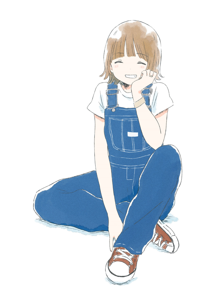 1girl absurdres artist_request blonde_hair blue_overalls brown_footwear closed_eyes denim eyebrows_visible_through_hair highres jewelry looking_away original overalls ring shirt short_hair short_sleeves simple_background sitting smile t-shirt wedding_ring white_background wristband