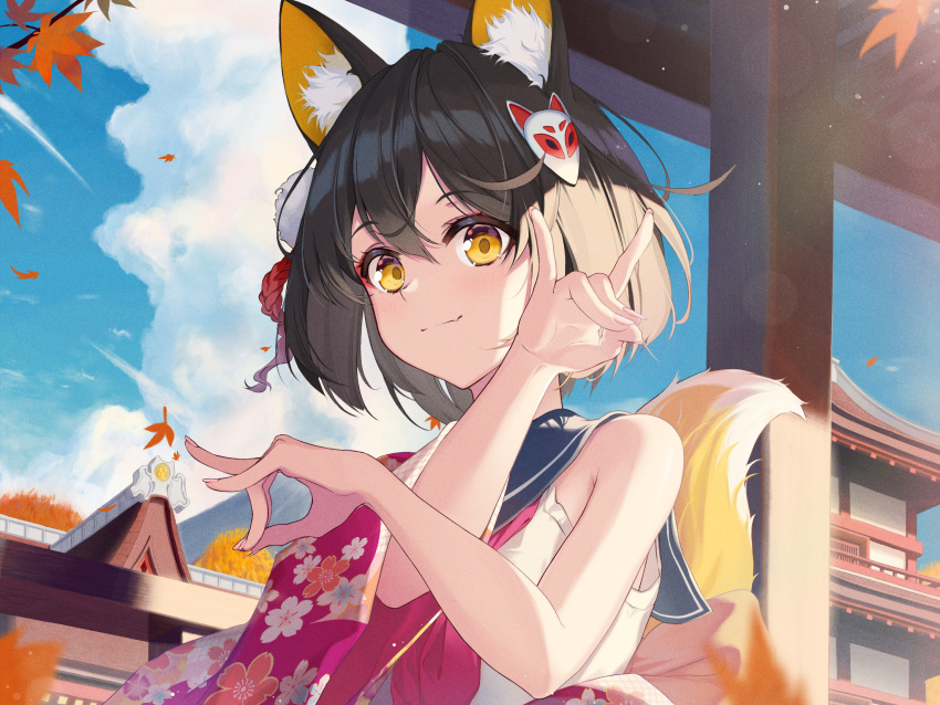 1girl animal_ear_fluff animal_ears architecture black_hair blue_archive closed_mouth clouds commentary_request east_asian_architecture floral_print fox_ears fox_girl fox_shadow_puppet fox_tail hair_ornament hands_up highres izuna_(blue_archive) japanese_clothes kimono leaf looking_at_viewer maple_leaf outdoors sailor_collar shirt short_hair single_bare_shoulder sleeveless sleeveless_shirt solo tail upper_body usabo01 white_shirt yellow_eyes